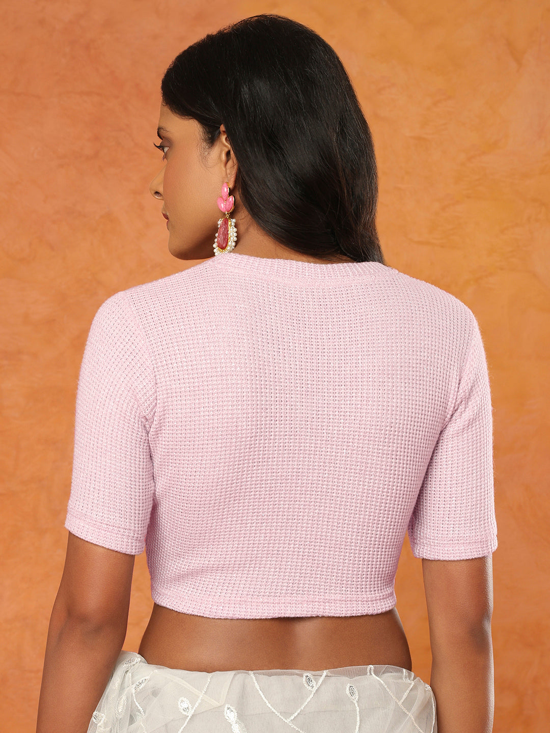Pink Knitted V Neck Stretchable Readymade Blouse