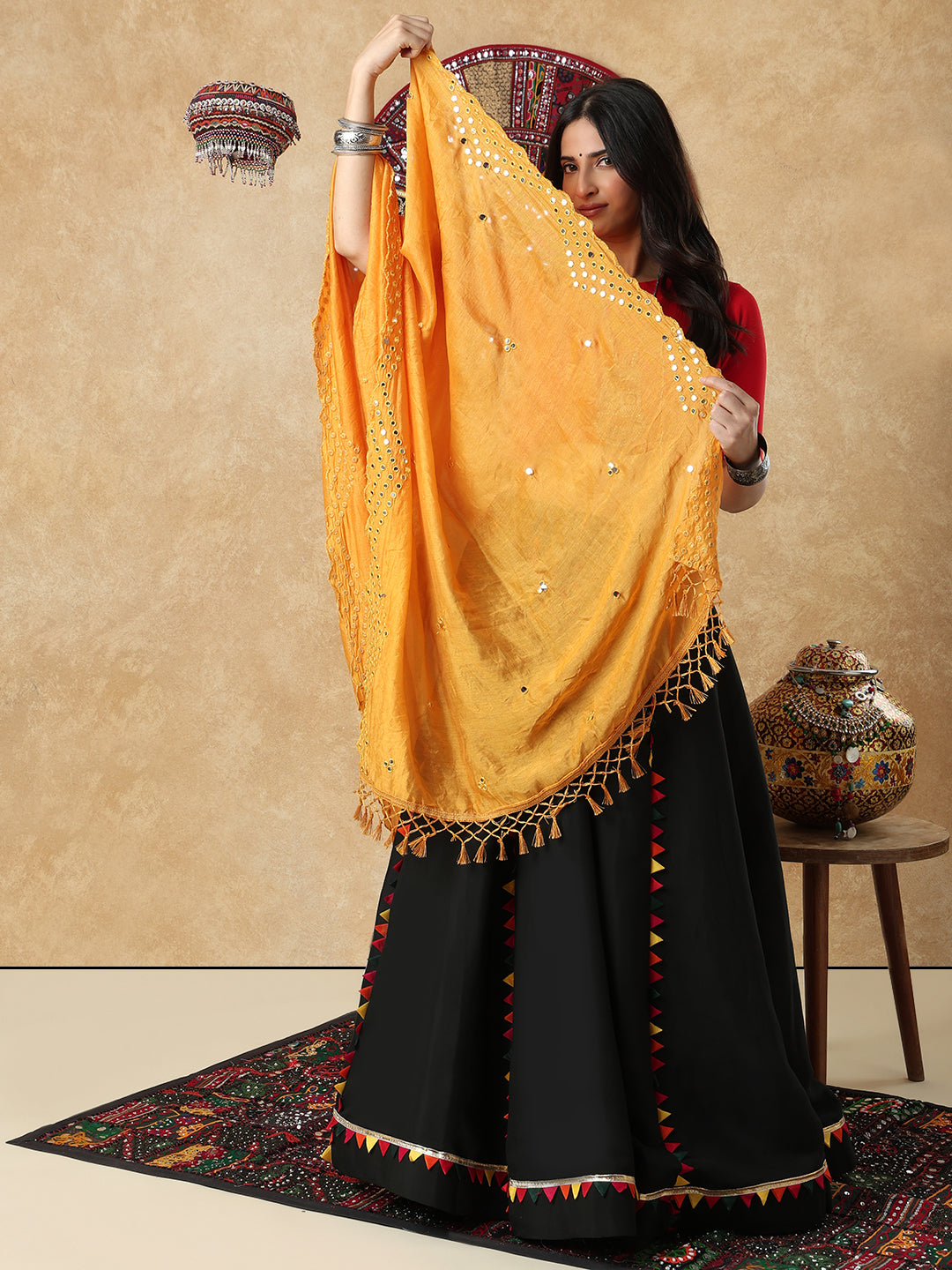 Yellow Silk Mirror Work Festive Garba Dupatta For Navratri
