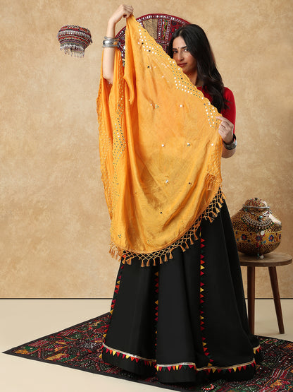 Yellow Silk Mirror Work Festive Garba Dupatta For Navratri