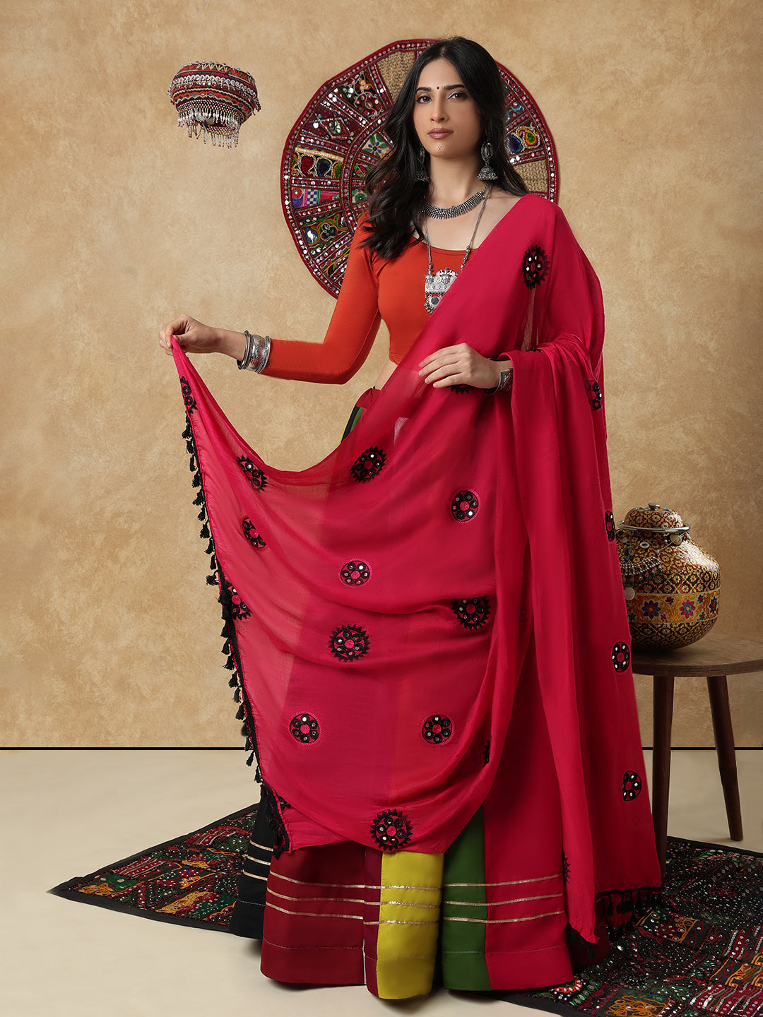 Multicolour Cotton Panel Garba Readymade Skirt For Navratri