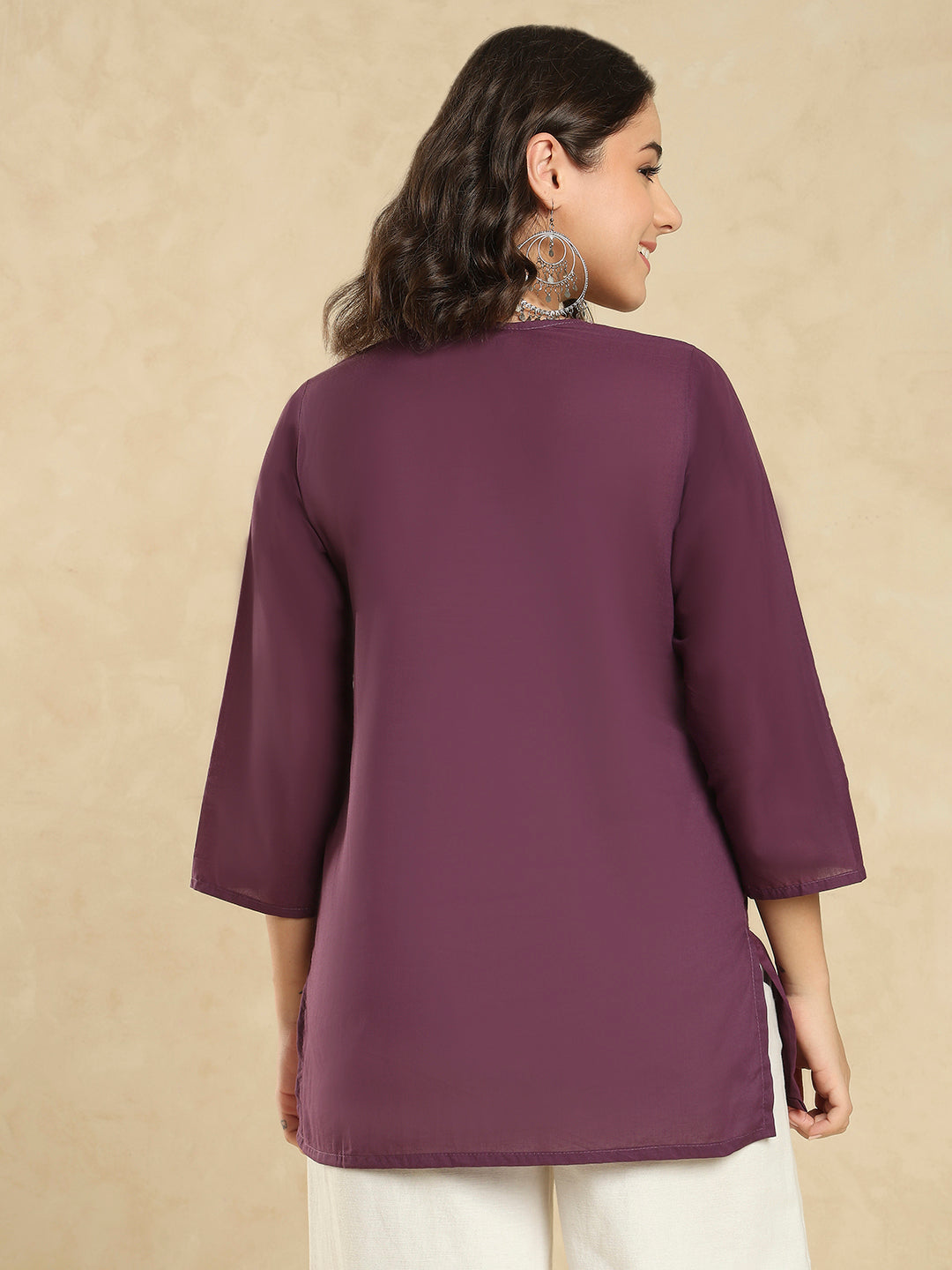 Purple Cotton Solid Embroidered Short Kurti