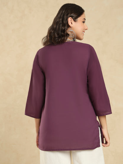 Purple Cotton Solid Embroidered Short Kurti