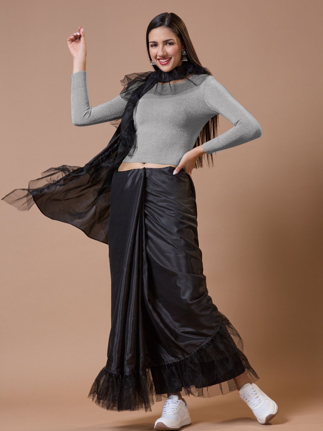 Grey Woolen Round Neck Full Sleeves Stretchable Readymade Blouse