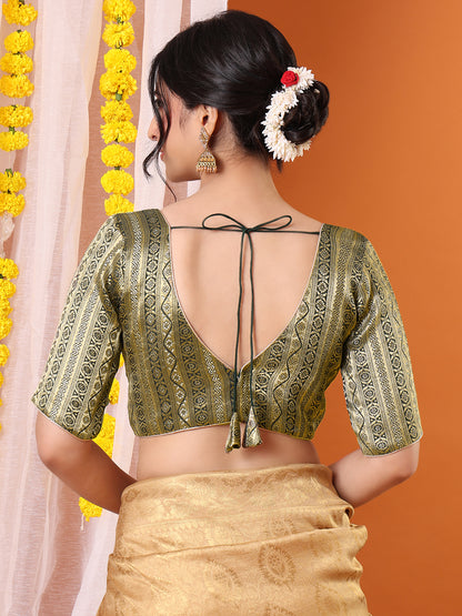 Green Brocade Woven Design Zari Padded Saree Blouse