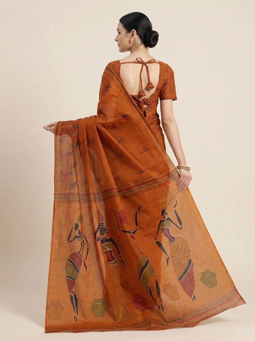 Rust Warli Printed Pure Cotton Saree