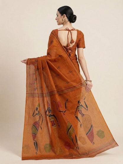 Rust Warli Printed Pure Cotton Saree