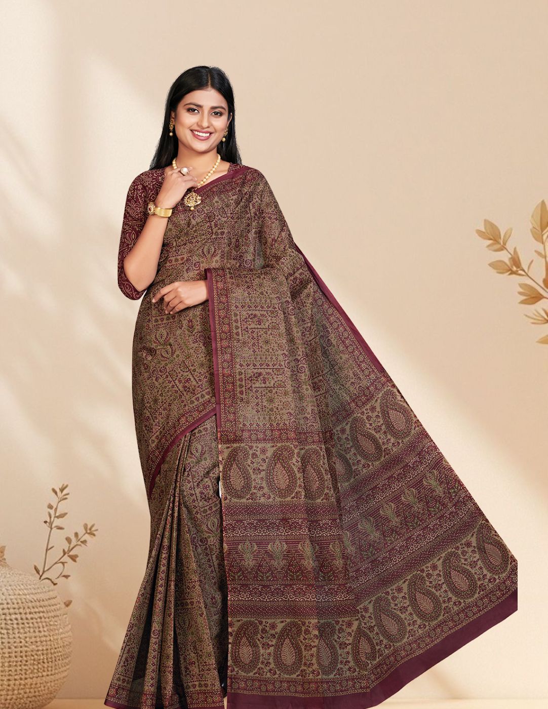 PANETAR Maroon Printed Pure Cotton Saree