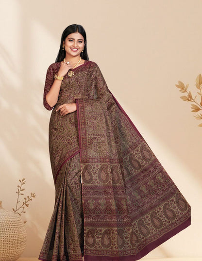 PANETAR Maroon Printed Pure Cotton Saree