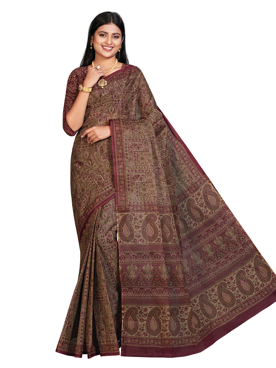 PANETAR Maroon Printed Pure Cotton Saree