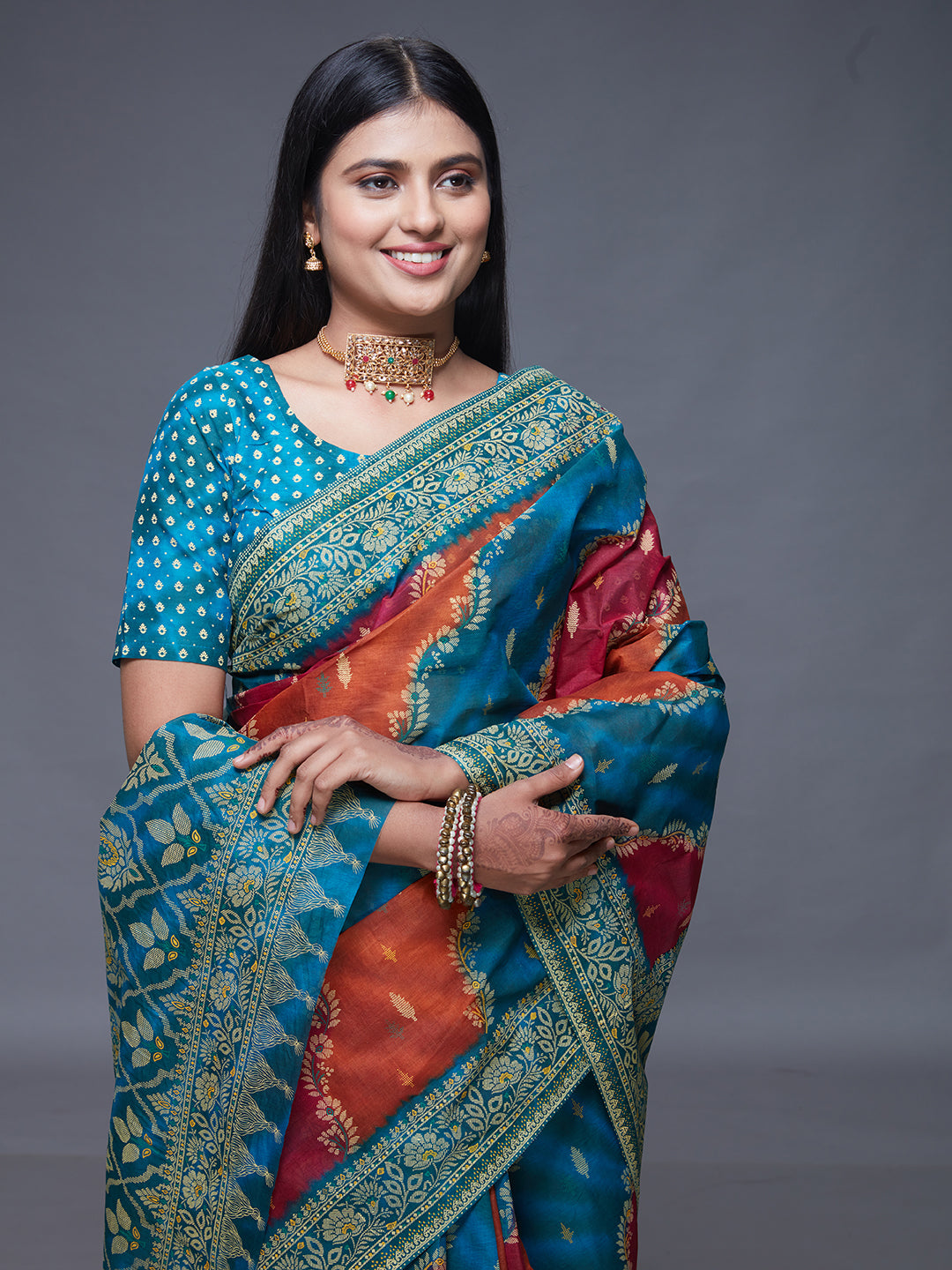 RANGEELI Blue Rangkat Printed Pure Cotton Saree