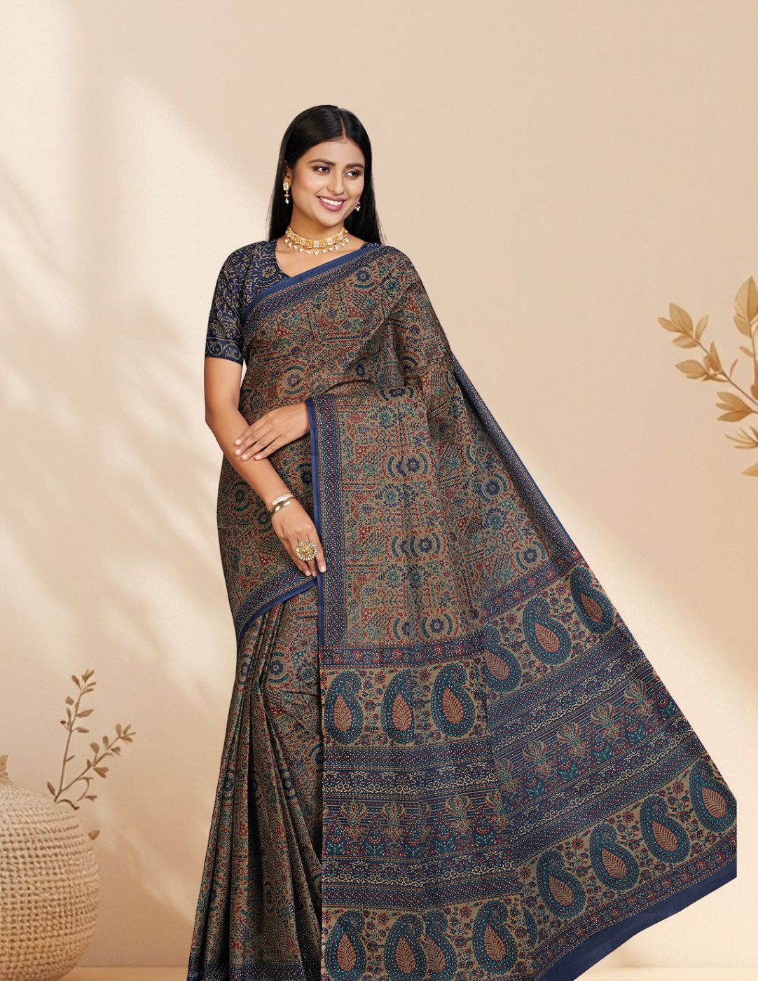 PANETAR Blue Printed Pure Cotton Saree