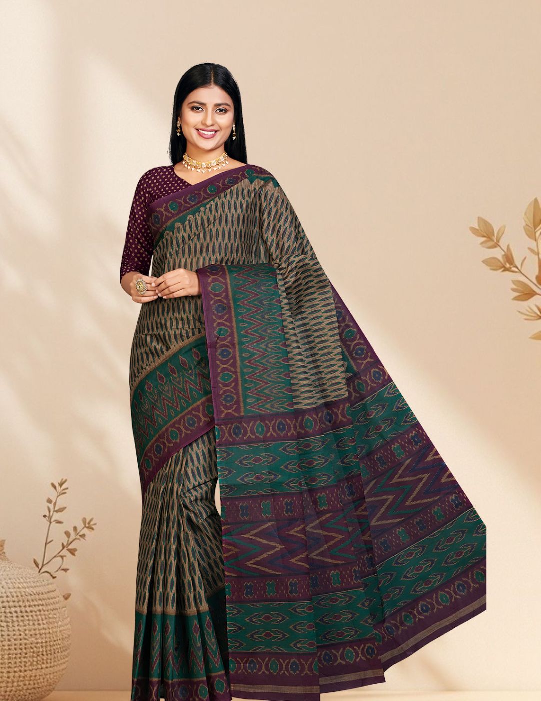 PANETAR Green Printed Pure Cotton Saree