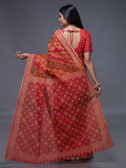 RANGEELI Red Rangkat Printed Pure Cotton Saree