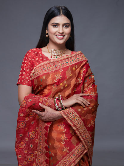 RANGEELI Red Rangkat Printed Pure Cotton Saree