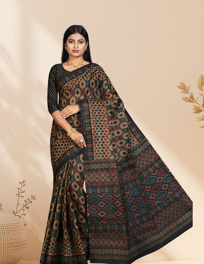 PANETAR Black Printed Pure Cotton Saree