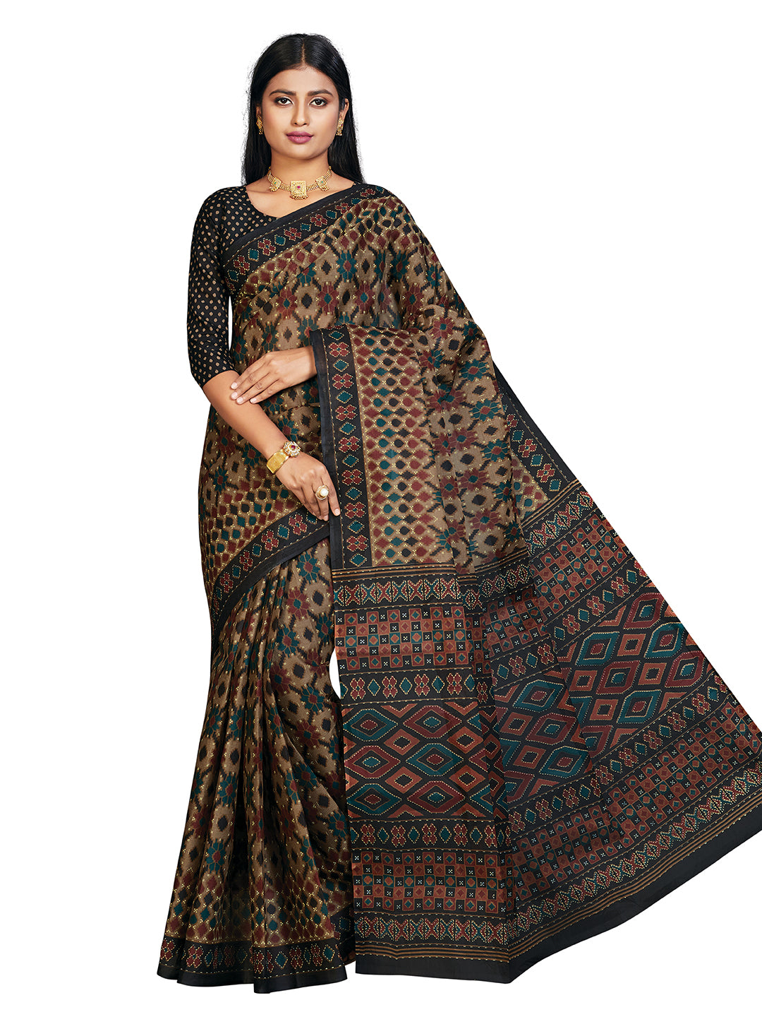 PANETAR Black Printed Pure Cotton Saree