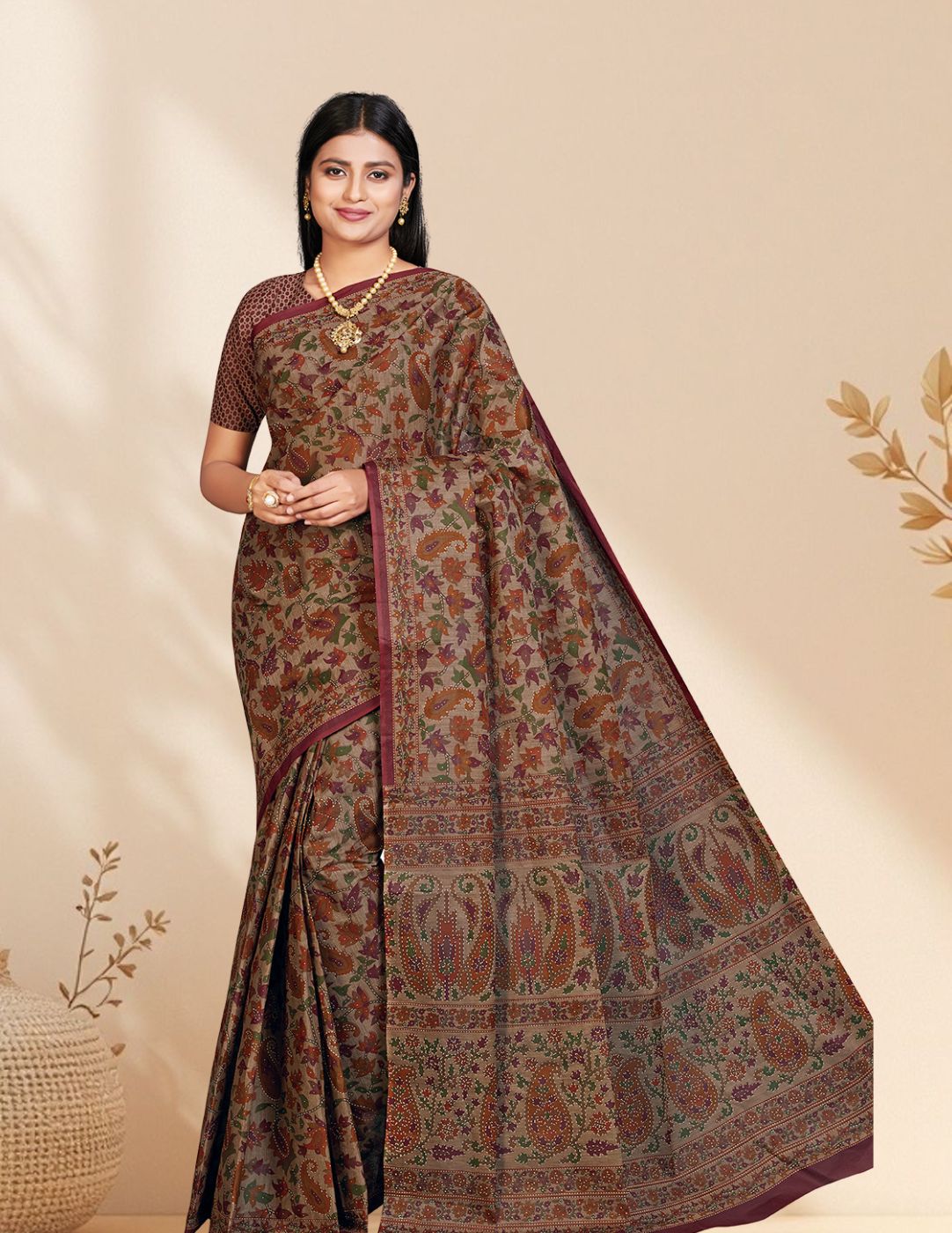 PANETAR Brown Printed Pure Cotton Saree