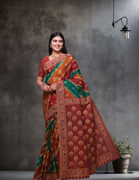 RANGEELI Orange Rangkat Printed Pure Cotton Saree