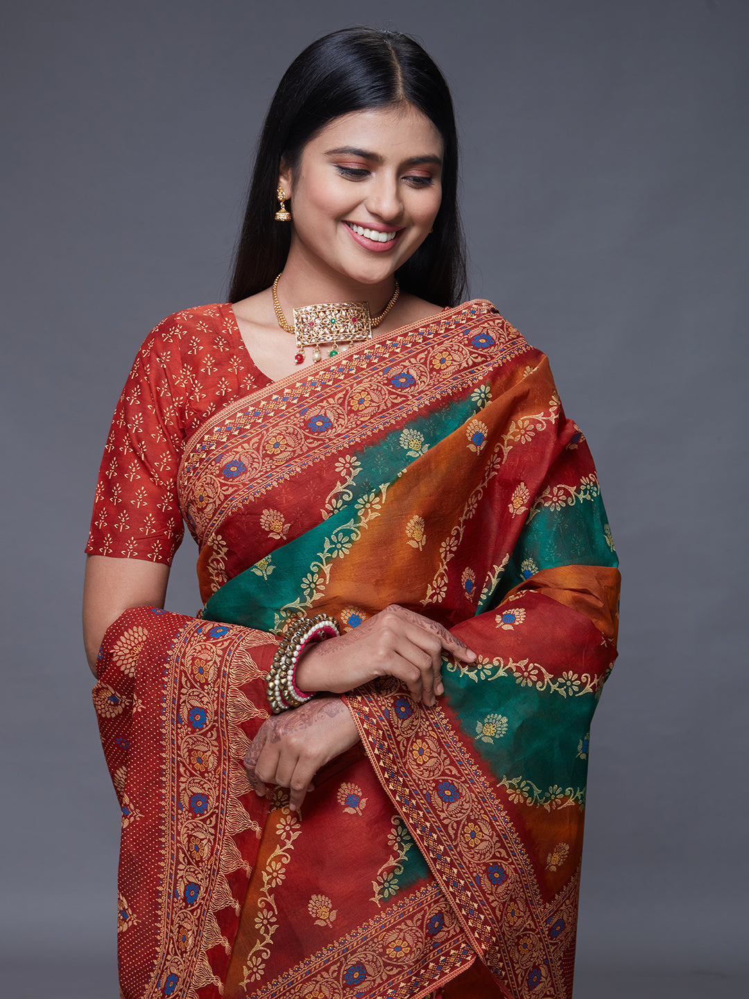 RANGEELI Orange Rangkat Printed Pure Cotton Saree
