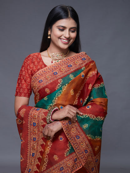 RANGEELI Orange Rangkat Printed Pure Cotton Saree