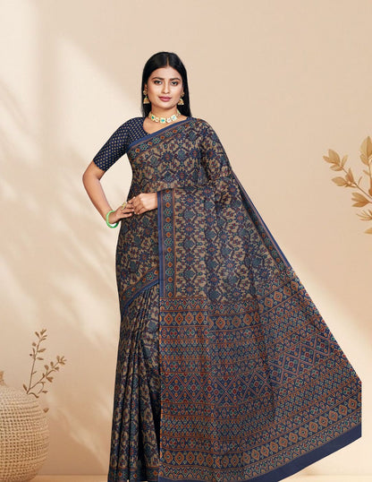 PANETAR Navy Blue Printed Pure Cotton Saree