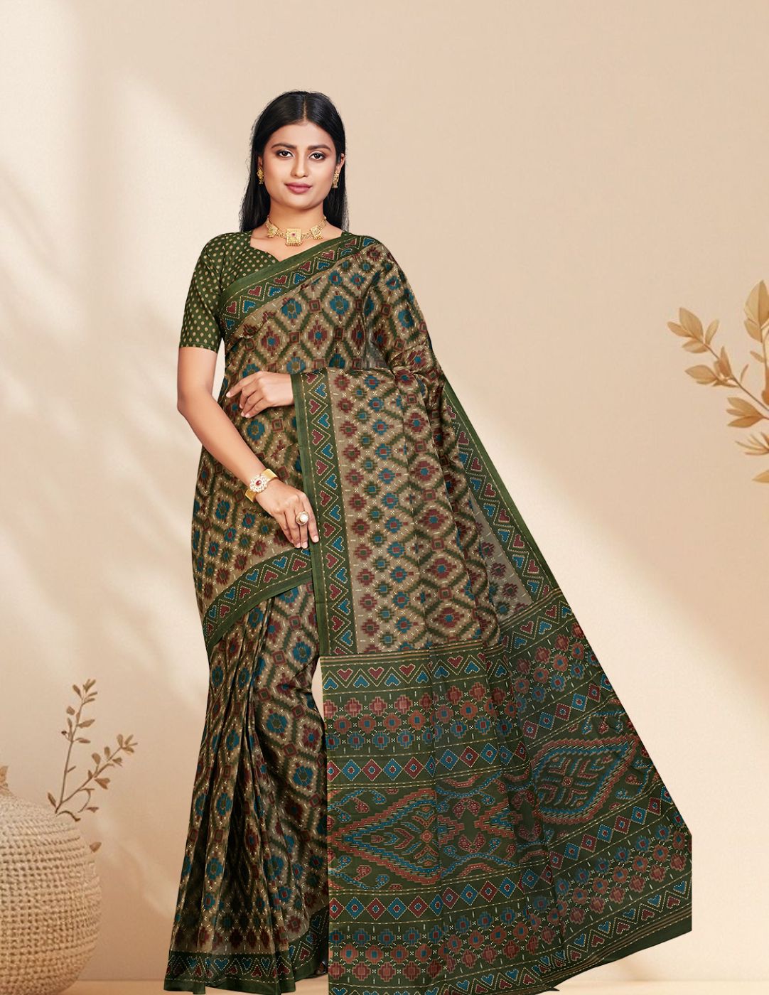 PANETAR Green Printed Pure Cotton Saree