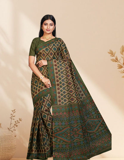 PANETAR Green Printed Pure Cotton Saree
