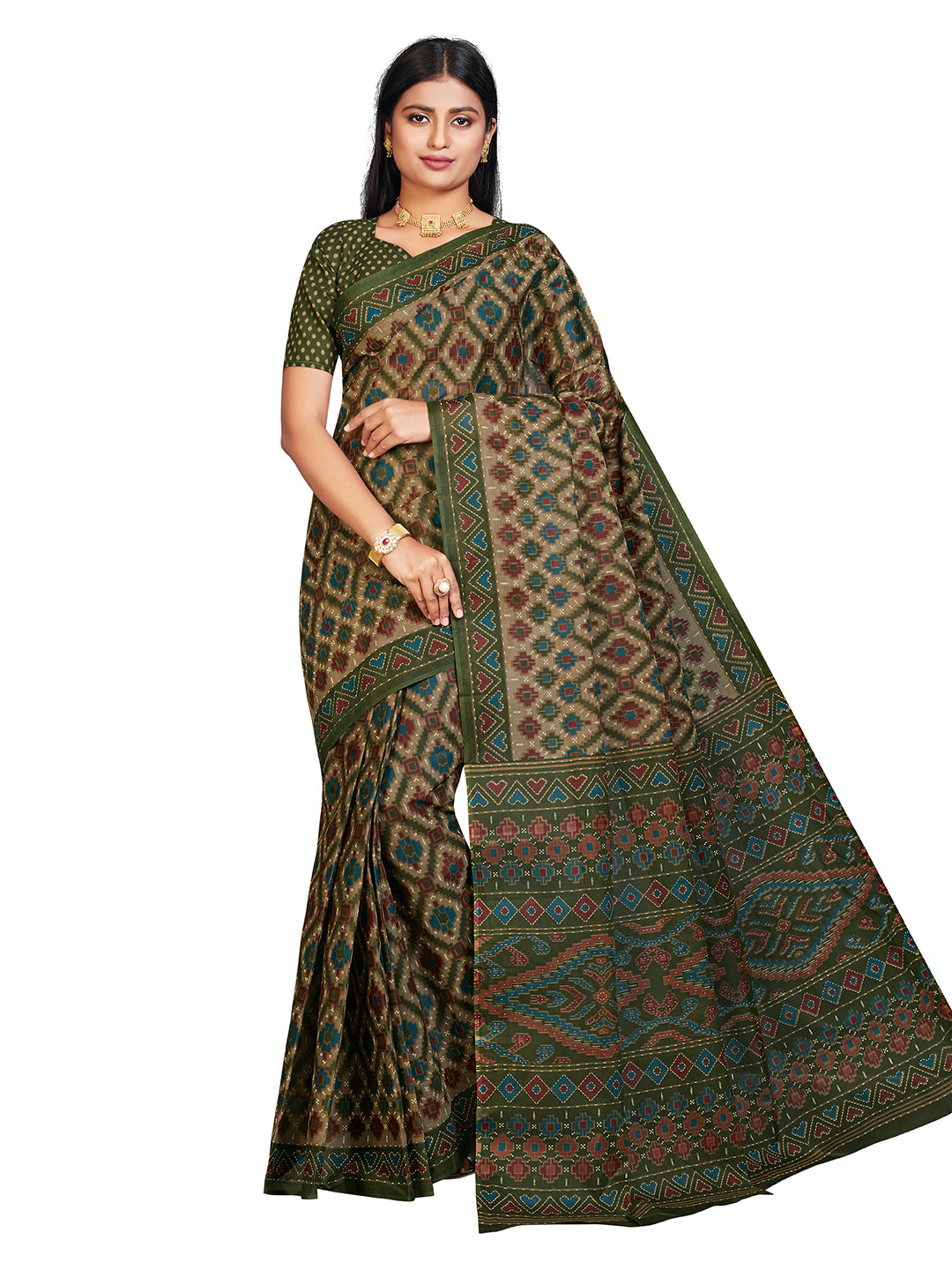 PANETAR Green Printed Pure Cotton Saree