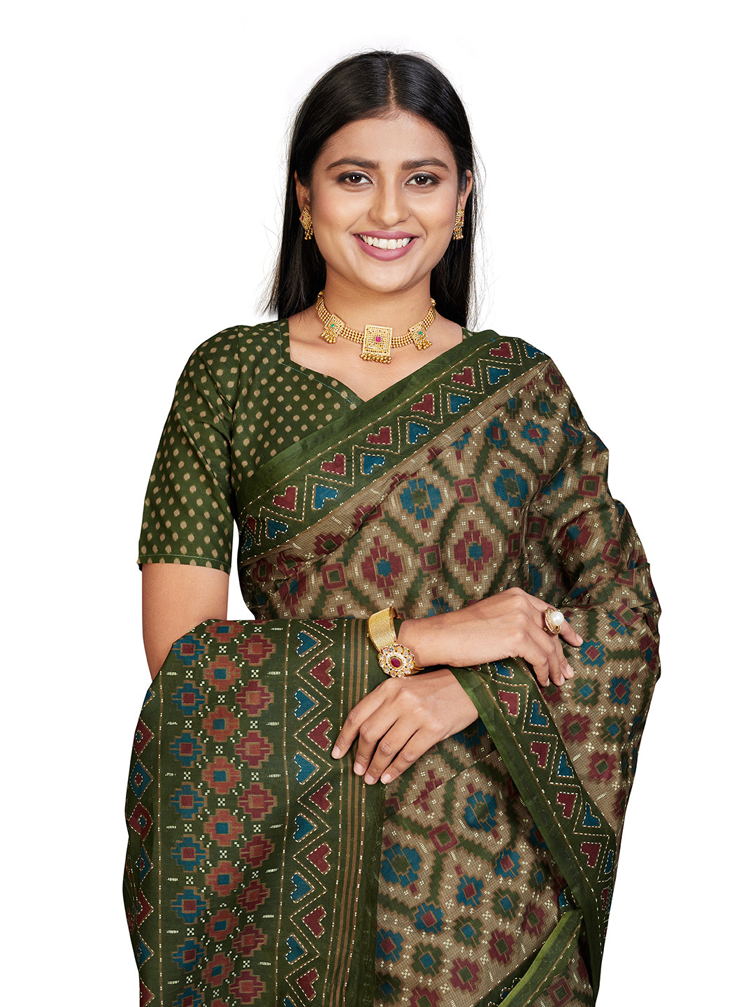 PANETAR Green Printed Pure Cotton Saree