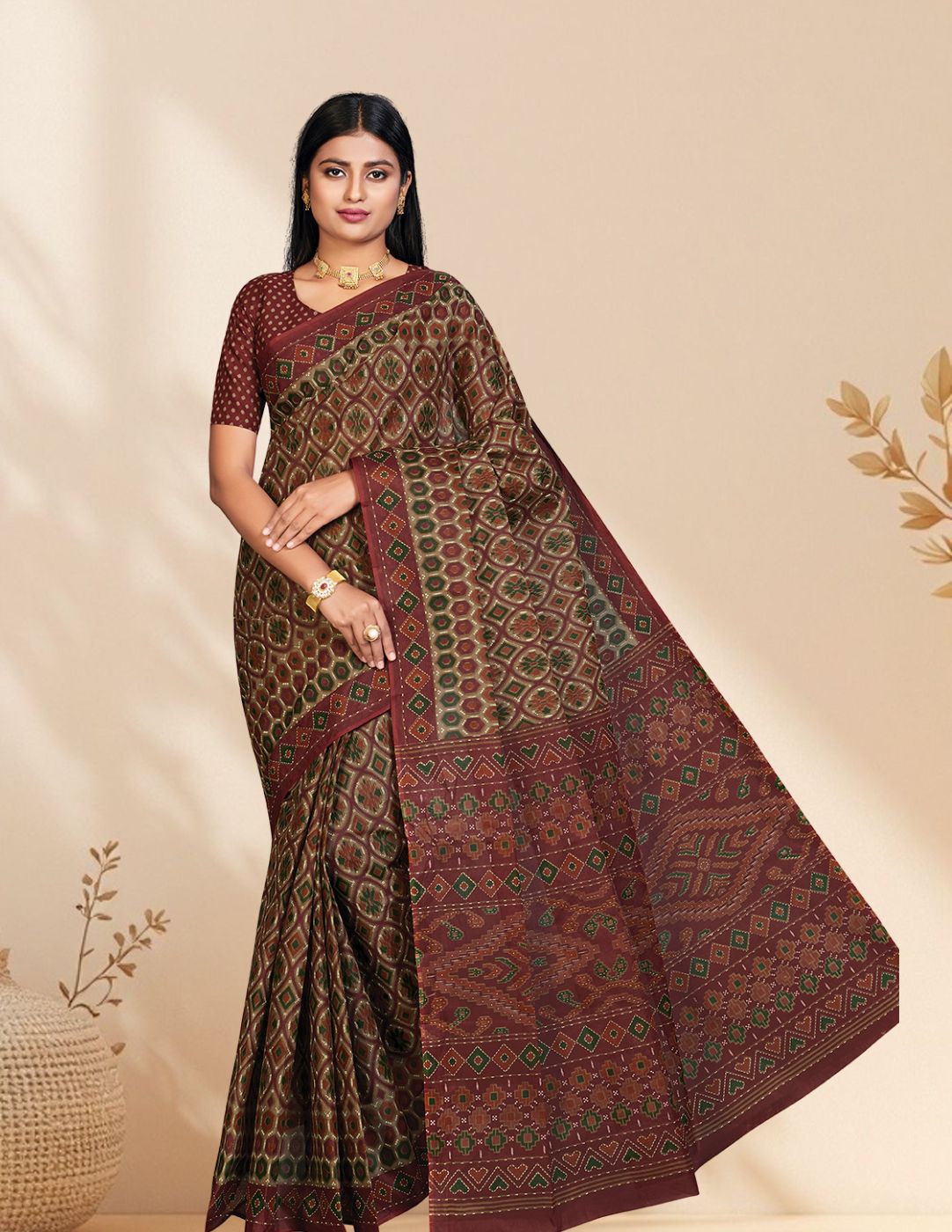 PANETAR Maroon Printed Pure Cotton Saree