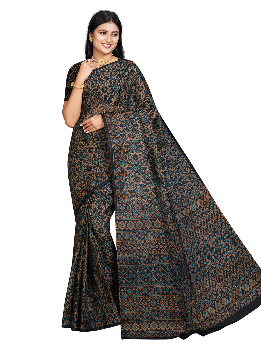 PANETAR Black Printed Pure Cotton Saree