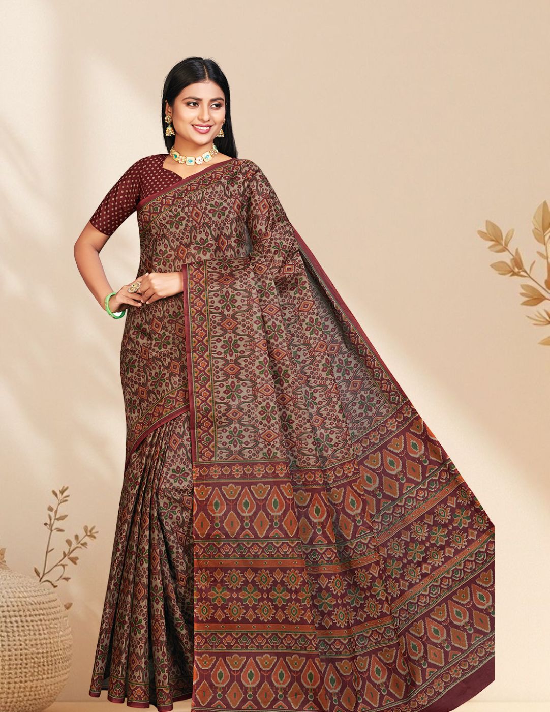 PANETAR Maroon Printed Pure Cotton Saree