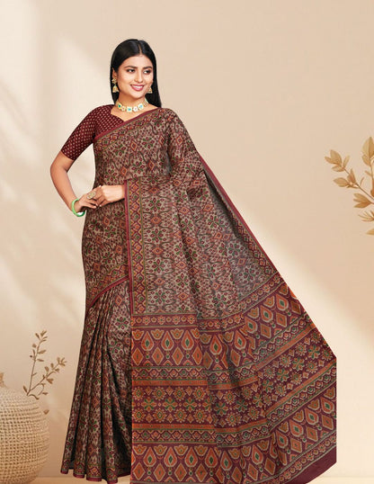 PANETAR Maroon Printed Pure Cotton Saree