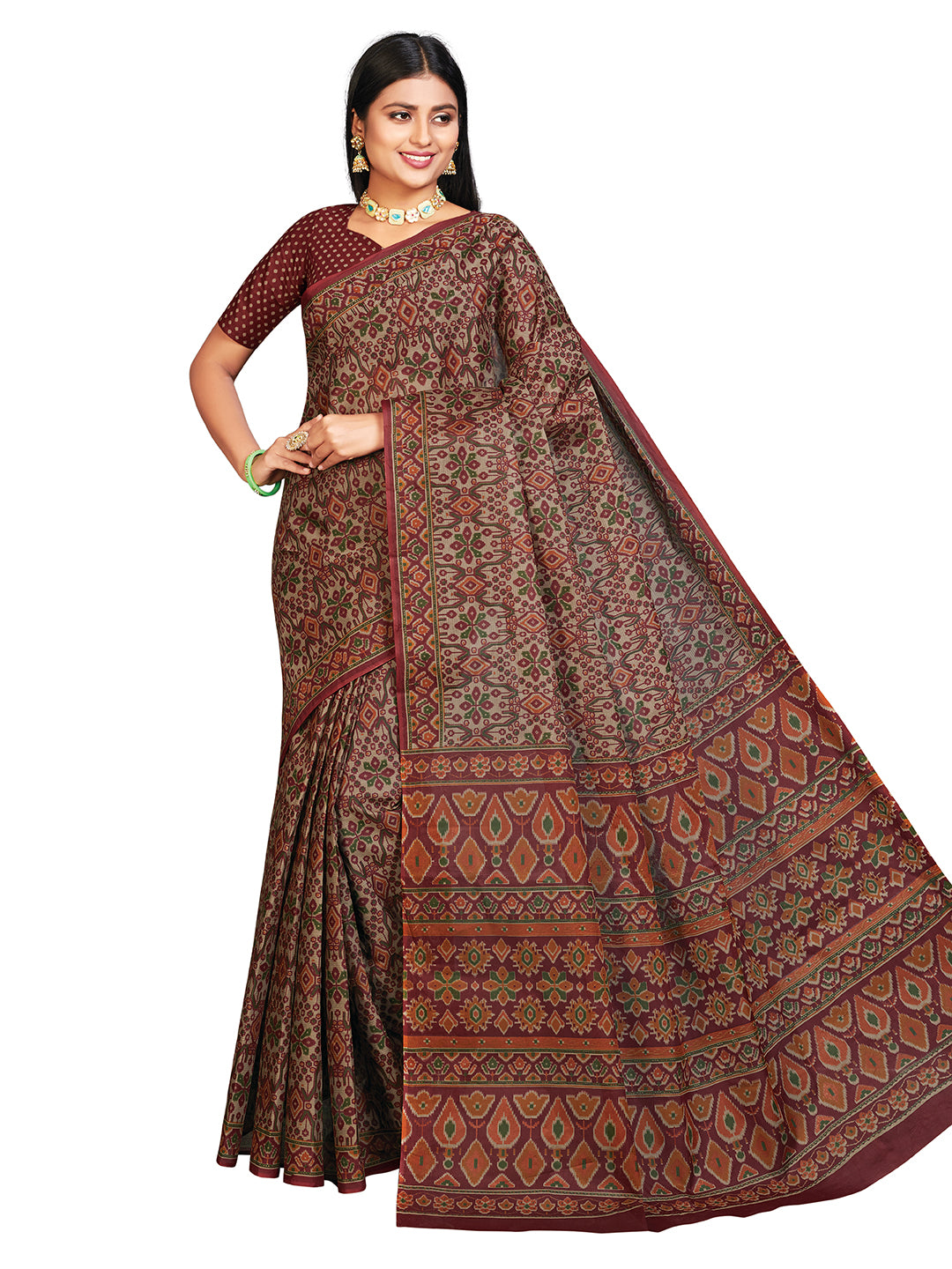 PANETAR Maroon Printed Pure Cotton Saree
