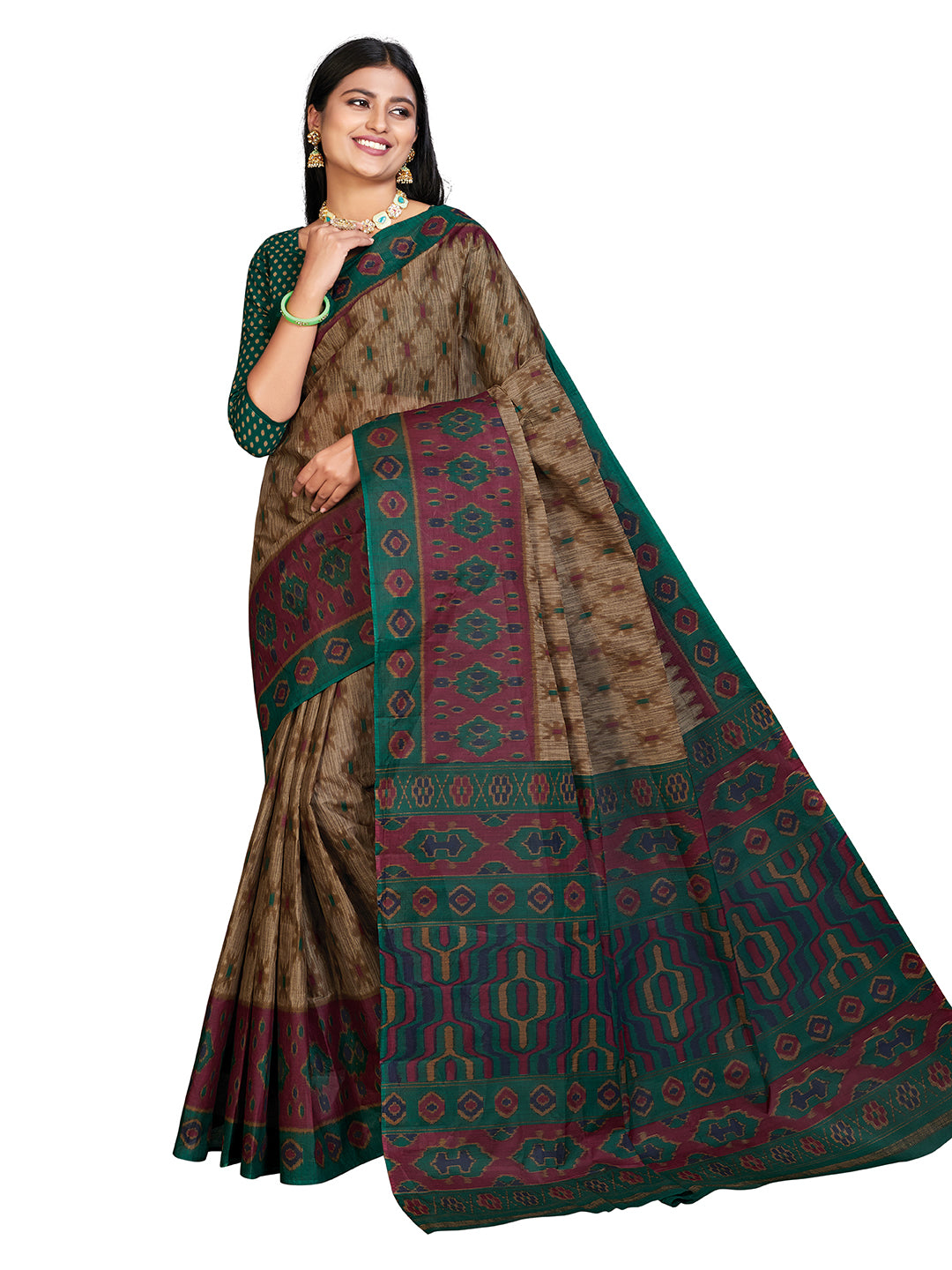 PANETAR Green Printed Pure Cotton Saree