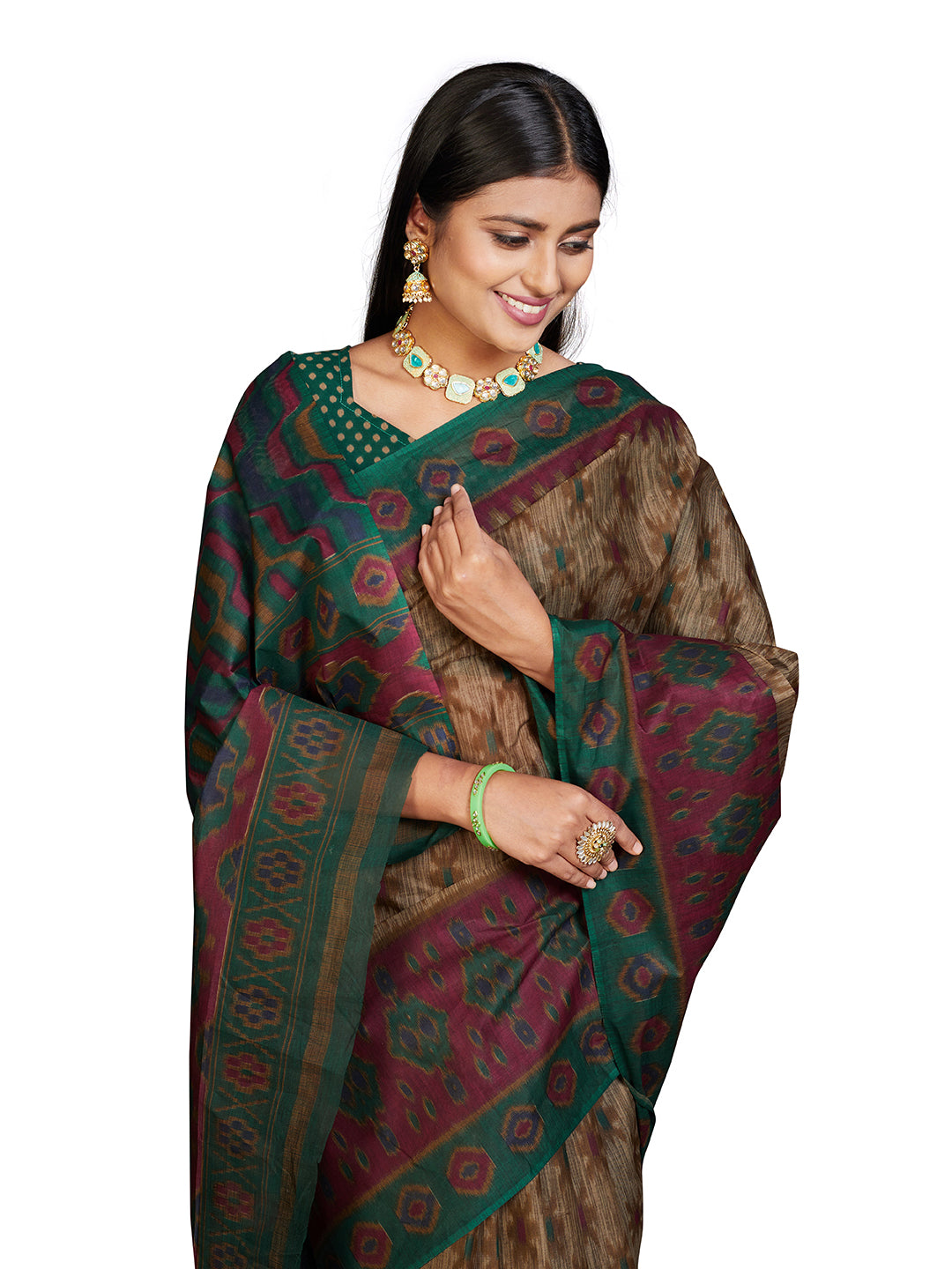 PANETAR Green Printed Pure Cotton Saree