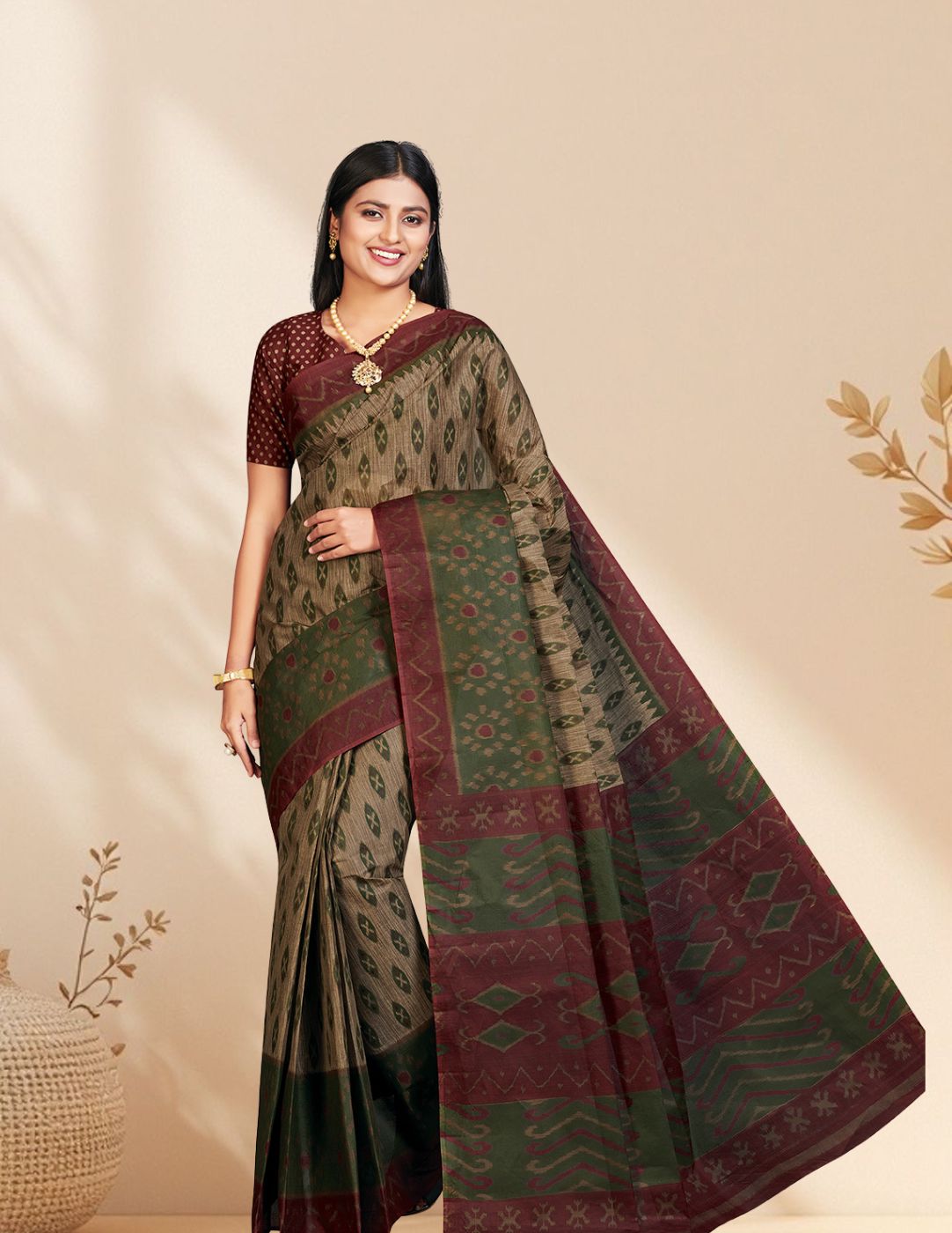 PANETAR Green Printed Pure Cotton Saree