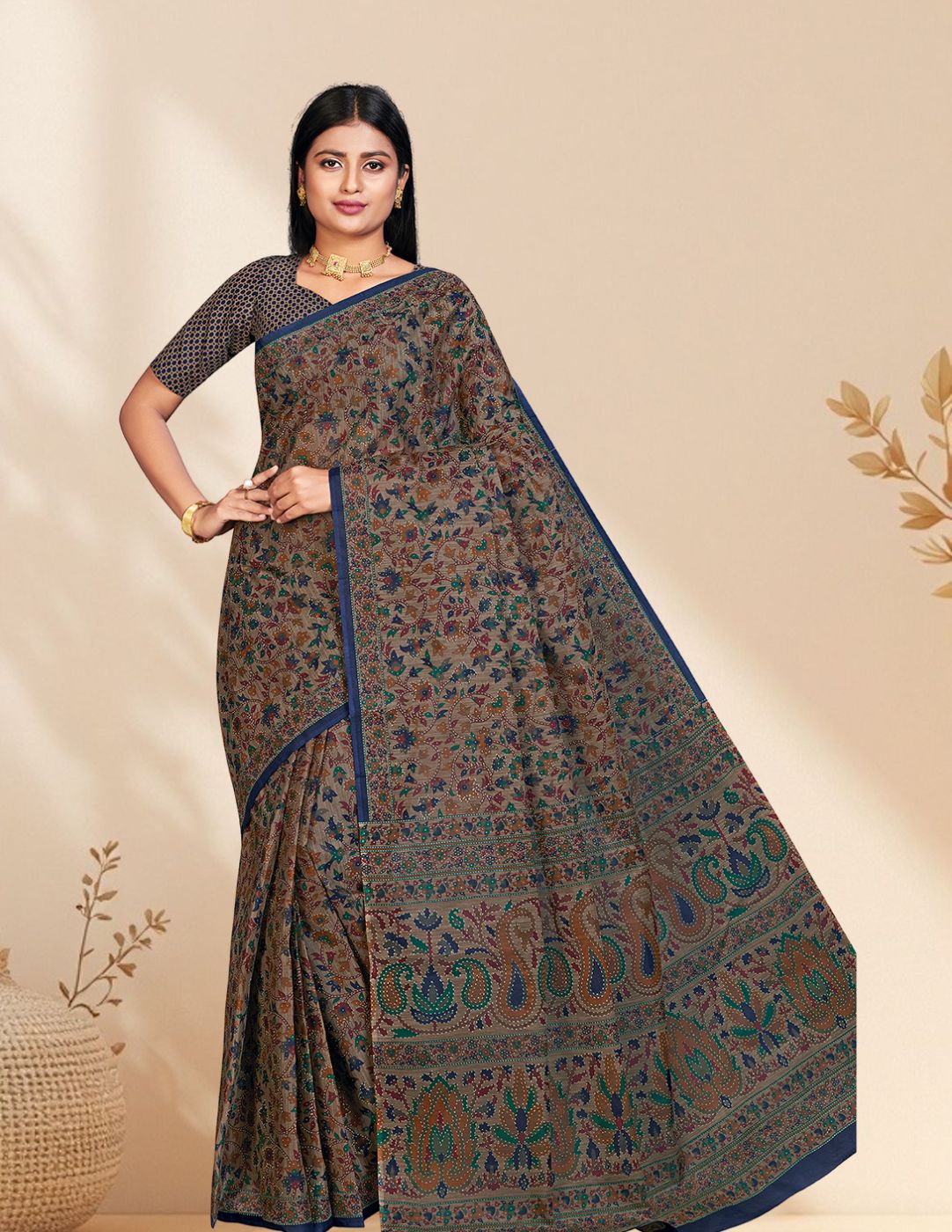 PANETAR Brown Printed Pure Cotton Saree