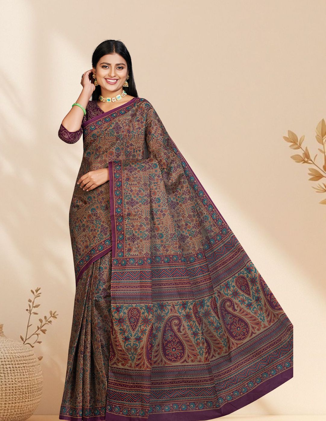 PANETAR Brown Printed Pure Cotton Saree