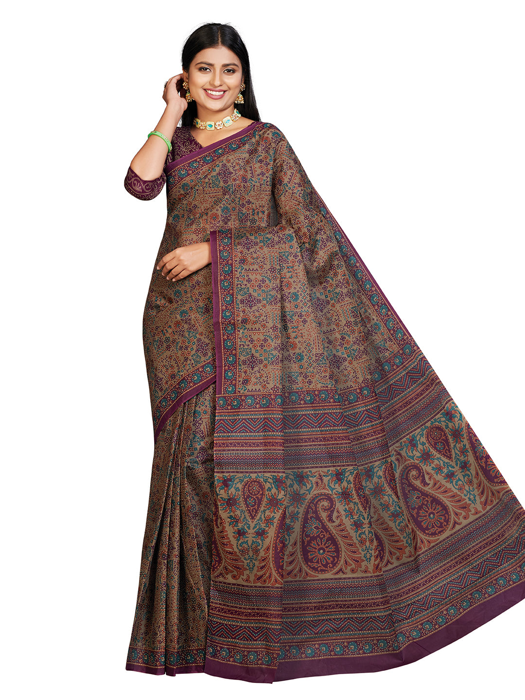 PANETAR Brown Printed Pure Cotton Saree