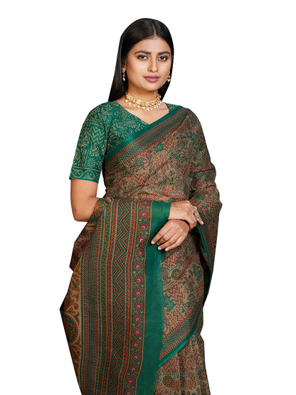 PANETAR Green Printed Pure Cotton Saree