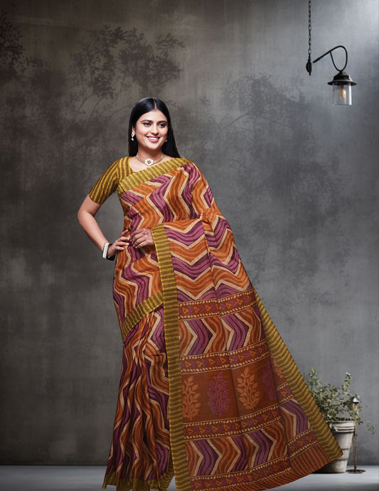PARINITA Olive Leheriya Printed Pure Cotton Saree