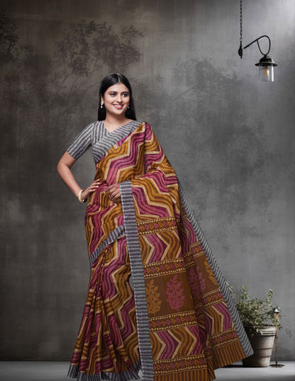 PARINITA Grey Leheriya Printed Pure Cotton Saree