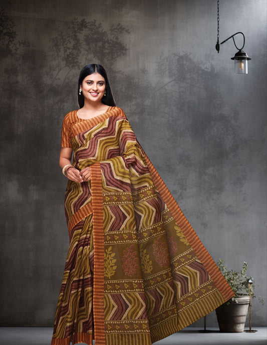 PARINITA Orange Leheriya Printed Pure Cotton Saree