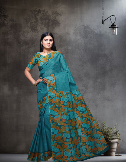 SUMANGALI Green Printed Pure Cotton Saree