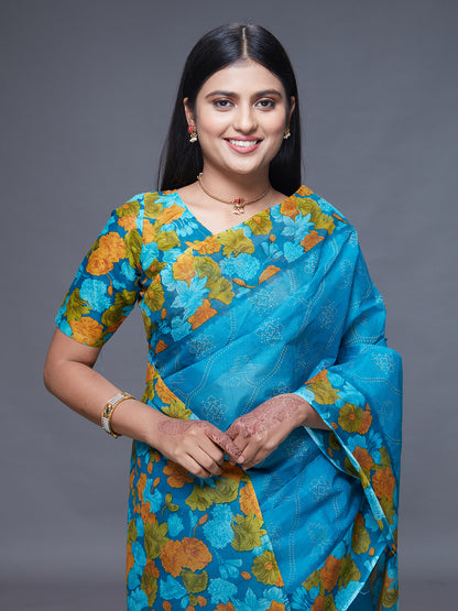 SUMANGALI Blue Printed Pure Cotton Saree