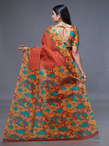 SUMANGALI Rust Printed Pure Cotton Saree