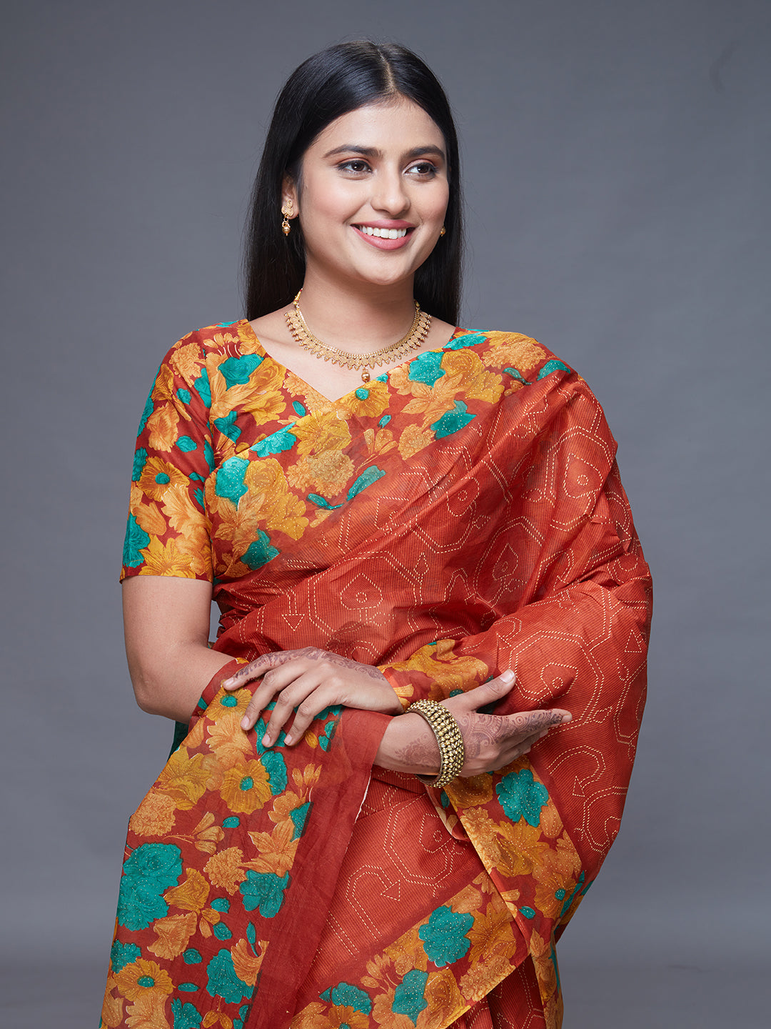 SUMANGALI Rust Printed Pure Cotton Saree