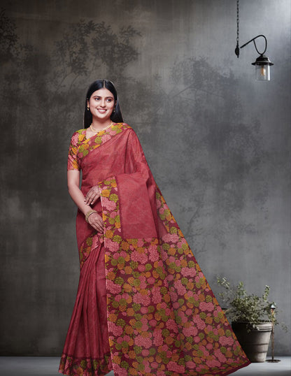 SUMANGALI Red Printed Pure Cotton Saree