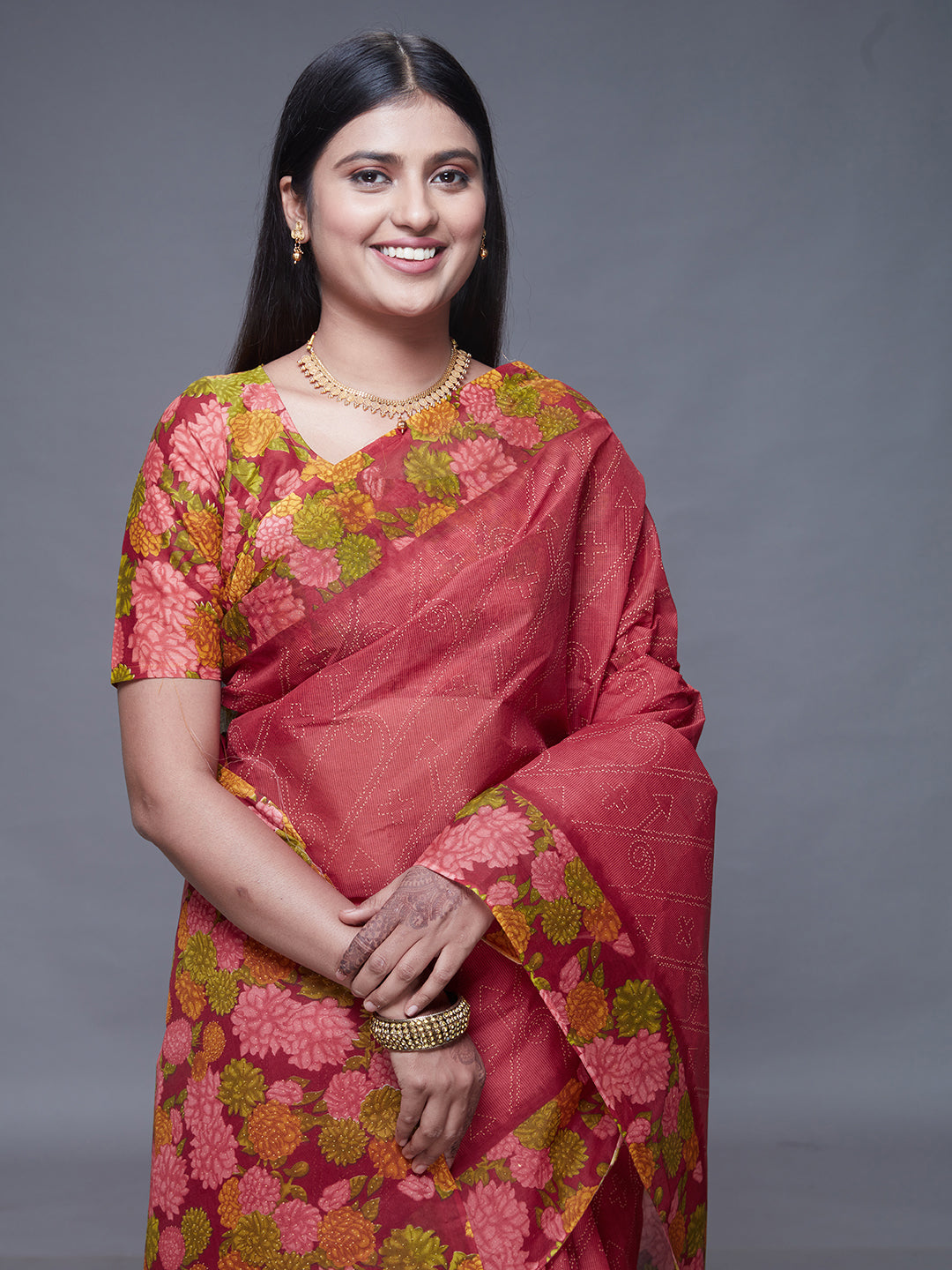 SUMANGALI Red Printed Pure Cotton Saree